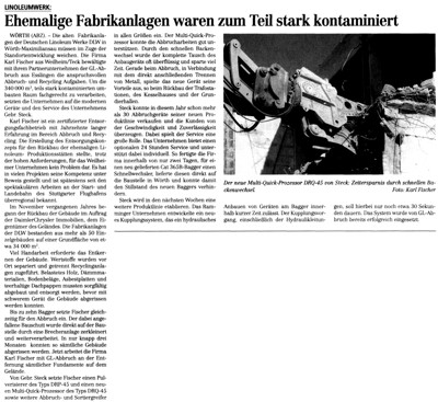 ABZ 12/05: 340.000 Kubikmeter umbauten Raum brachen die Unternehmen Karl Fischer und GL-Abbruch auf dem Gel&auml;nde der DLW in W&ouml;rth ab