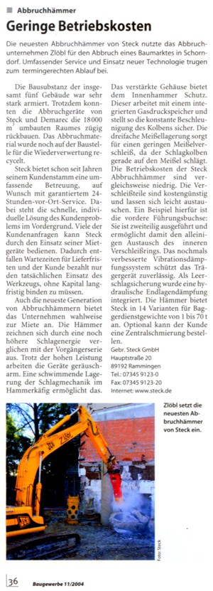 Mit den aktuellen Abbruchger&auml;ten aus dem Steck Mietpark riss Zl&ouml;bl einen Baumarkt in Schorndorf ab.
